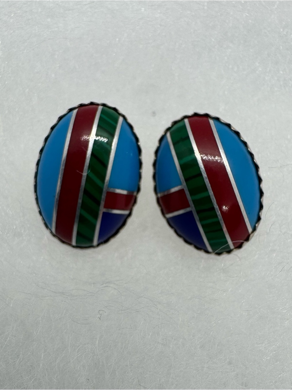 Multicolor Inlay Style Oval Stud Earrings Silver Tone No Backs